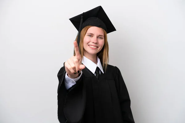 Ung Universitet Examen Engelska Kvinna Isolerad Vit Bakgrund Visar Och — Stockfoto