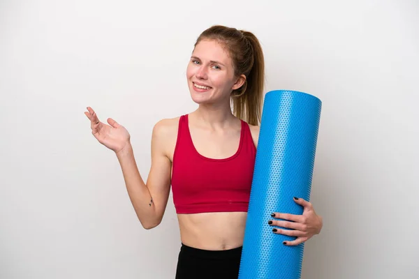 Young Sport English Woman Going Yoga Classes While Holding Mat — Stock Photo, Image