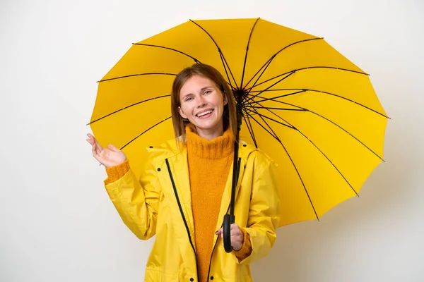 Mujer Inglesa Joven Con Abrigo Impermeable Paraguas Aislados Sobre Fondo — Foto de Stock