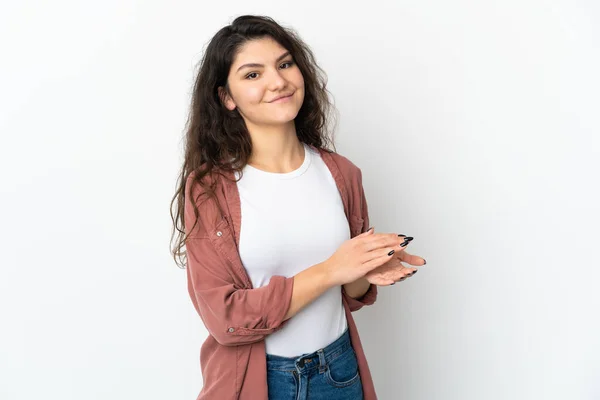 Adolescente Russo Menina Isolada Fundo Branco Aplaudindo — Fotografia de Stock