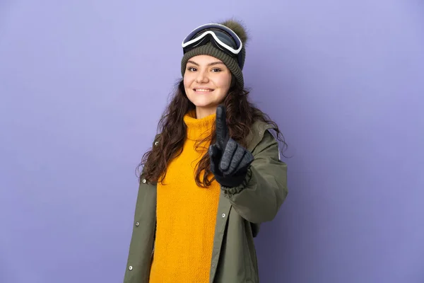 Teenager Russian Girl Snowboarding Glasses Isolated Purple Background Showing Lifting — Foto Stock