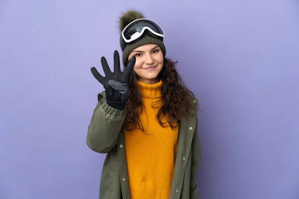 Teenager Russian Girl Snowboarding Glasses Isolated Purple Background Happy Counting — Stockfoto