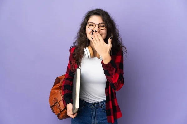 Teenager Student Isolated Purple Background Happy Smiling Covering Mouth Hand — Fotografia de Stock