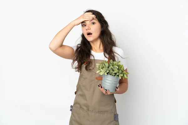 Young Russian Gardener Girl Holding Plant Isolated Doing Surprise Gesture — Foto Stock