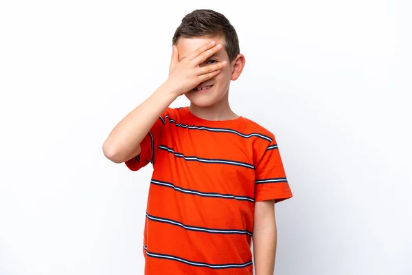Little Boy Isolated White Background Covering Eyes Hands Smiling — 图库照片