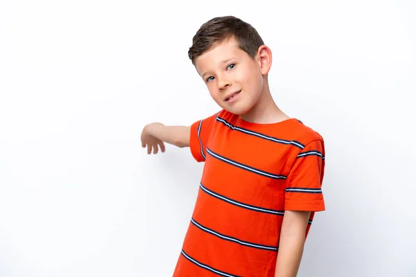 Little Boy Isolated White Background Extending Hands Side Inviting Come — Zdjęcie stockowe