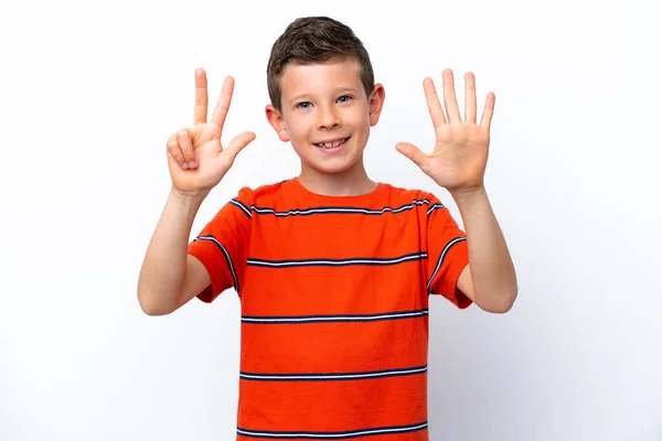 Little Boy Isolated White Background Counting Eight Fingers — Stock Photo, Image