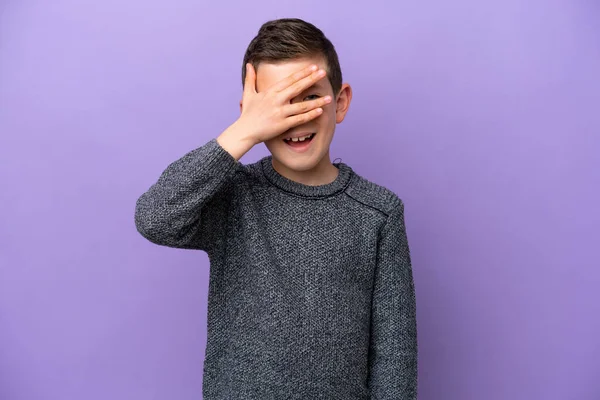 Little Boy Isolated Purple Background Covering Eyes Hands Smiling — Stockfoto