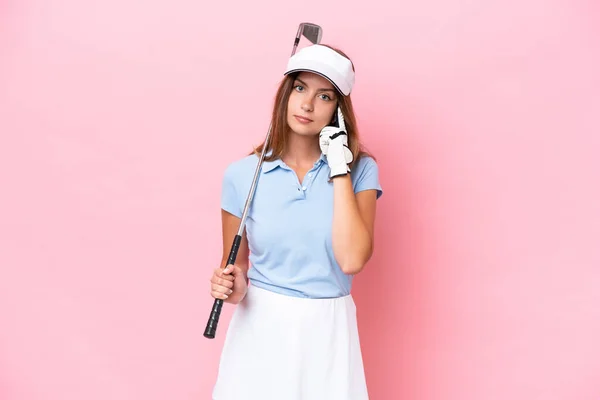 Young Golfer Player Man Isolated Pink Background Thinking Idea — Foto Stock