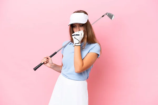 Young Golfer Player Man Isolated Pink Background Having Doubts — Foto Stock