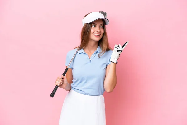 Young Golfer Player Man Isolated Pink Background Intending Realizes Solution — Foto Stock