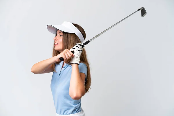 Young Caucasian Woman Isolated White Background Playing Golf — 图库照片