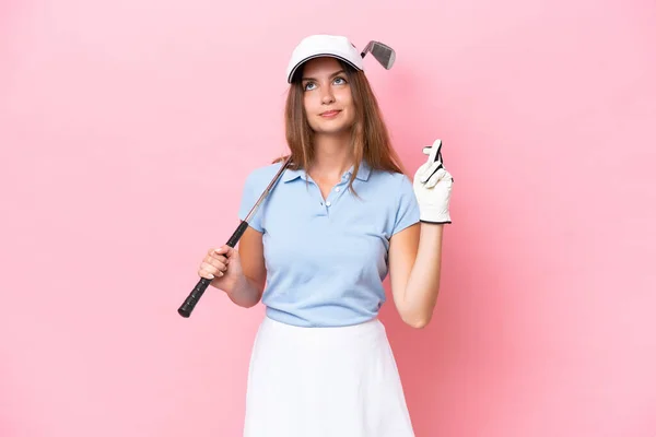 Young Golfer Player Man Isolated Pink Background Fingers Crossing Wishing — Foto Stock