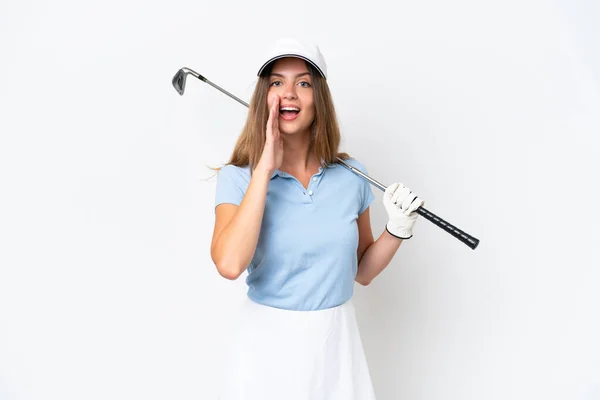 Young Caucasian Woman Isolated White Background Playing Golf Shouting Mouth — Foto de Stock