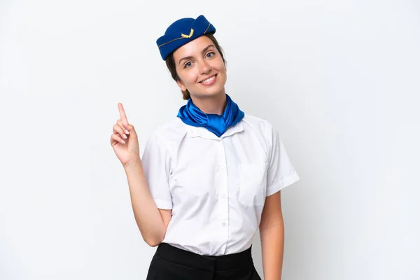 Stewardess Kaukasischen Frau Isoliert Auf Weißem Hintergrund Zeigt Und Hebt — Stockfoto