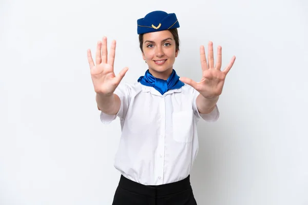 Αεροπλάνο Αεροσυνοδός Καυκάσιος Γυναίκα Απομονωμένη Λευκό Φόντο Καταμέτρηση Δέκα Δάχτυλα — Φωτογραφία Αρχείου