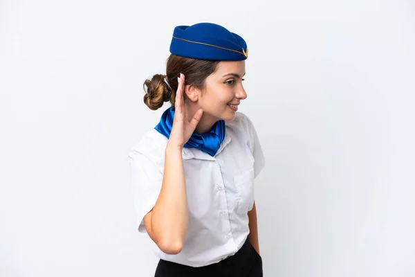 Airplane Stewardess Caucasian Woman Isolated White Background Listening Something Putting — Zdjęcie stockowe