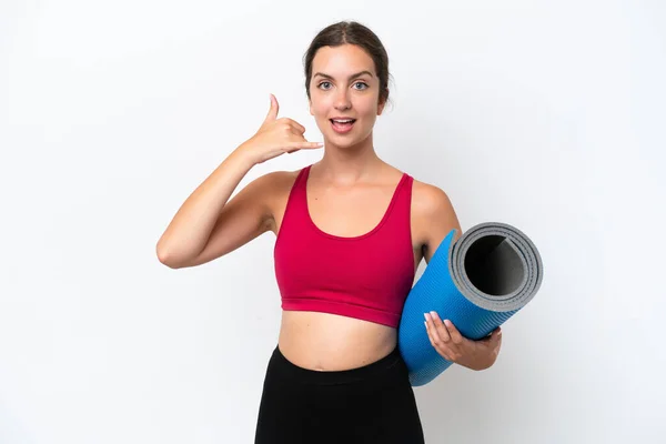 Young Sport Caucasian Woman Going Yoga Classes While Holding Mat — стоковое фото