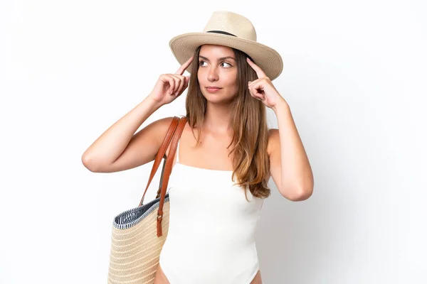 Young Caucasian Woman Swimsuit Summer Holidays Isolated White Background Having — 스톡 사진