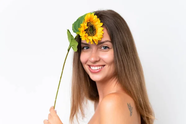 Junge Kaukasische Frau Isoliert Auf Weißem Hintergrund Die Lächelnd Eine — Stockfoto