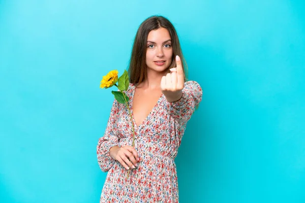 Young Caucasian Woman Holding Sunflower Isolated Blue Background Doing Coming — Stock Photo, Image