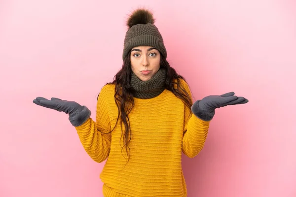 Young Caucasian Girl Winter Hat Isolated Purple Background Having Doubts — Stockfoto
