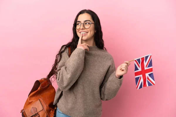 Young Caucasian Woman Holding United Kingdom Flag Isolated Pink Background — Stock fotografie