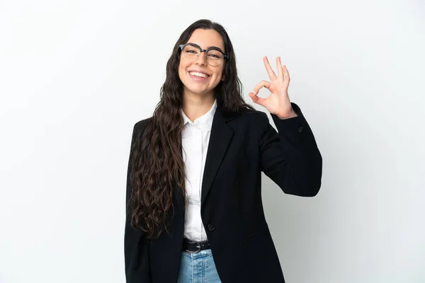 Young Business Woman Isolated White Background Showing Sign Fingers — Zdjęcie stockowe