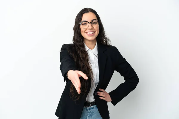 Young Business Woman Isolated White Background Shaking Hands Closing Good — ストック写真