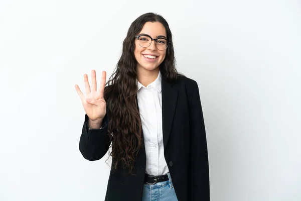 Young Business Woman Isolated White Background Happy Counting Four Fingers — Zdjęcie stockowe
