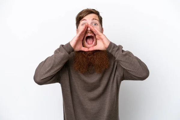 Redhead Man Beard Isolated White Background Shouting Announcing Something — Stock Photo, Image