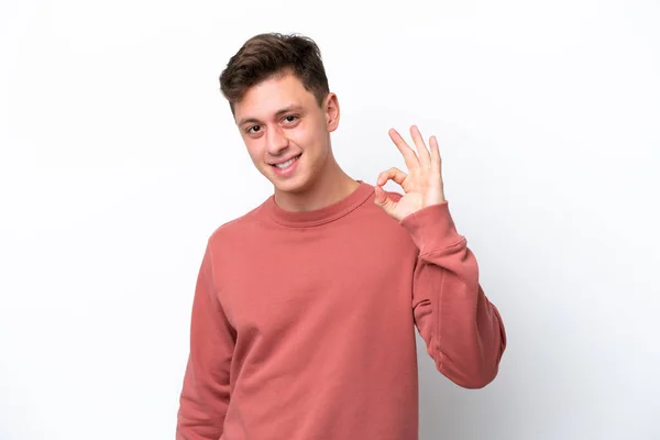 Mladý Pohledný Brazilský Muž Izolované Bílém Pozadí Ukazující Znamení Prsty — Stock fotografie