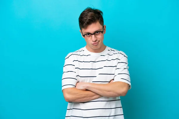 Young Handsome Brazilian Man Isolated Blue Background Feeling Upset — Zdjęcie stockowe