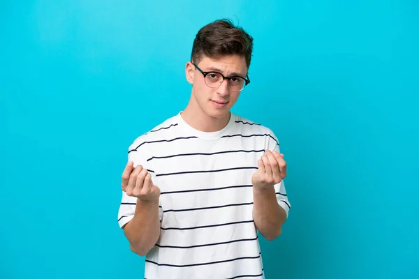 Young Handsome Brazilian Man Isolated Blue Background Making Money Gesture — 图库照片