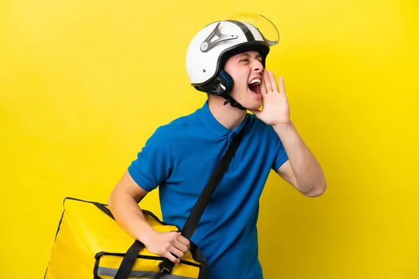 Young Brazilian Man Thermal Backpack Isolated Yellow Background Shouting Mouth — Photo