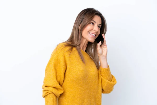 Mujer Caucásica Mediana Edad Aislada Sobre Fondo Blanco Manteniendo Una — Foto de Stock