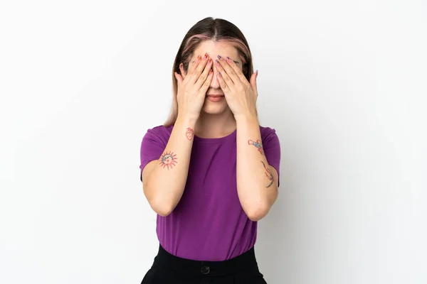 Young Caucasian Woman Isolated White Background Covering Eyes Hands — Stock Photo, Image