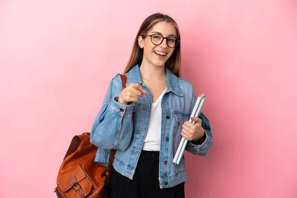 Young Caucasian Student Woman Isolated Pink Background Surprised Pointing Front — Fotografia de Stock