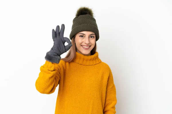 Young Girl Winter Hat Isolated White Background Showing Sign Fingers — Stock Photo, Image