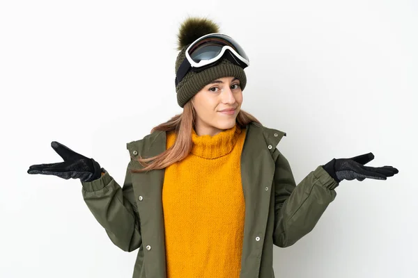 Skier Caucasian Woman Snowboarding Glasses Isolated White Background Having Doubts — Stock fotografie