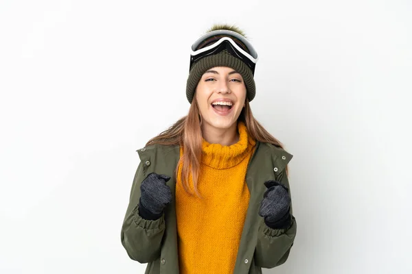 Skier Caucasian Woman Snowboarding Glasses Isolated White Background Celebrating Victory — 스톡 사진