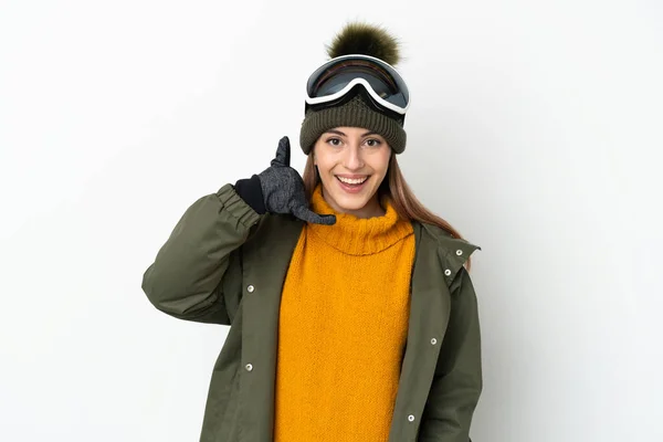 Skier Caucasian Woman Snowboarding Glasses Isolated White Background Making Phone — Foto Stock