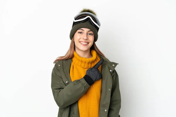 Skier Caucasian Woman Snowboarding Glasses Isolated White Background Pointing Side — Stock fotografie