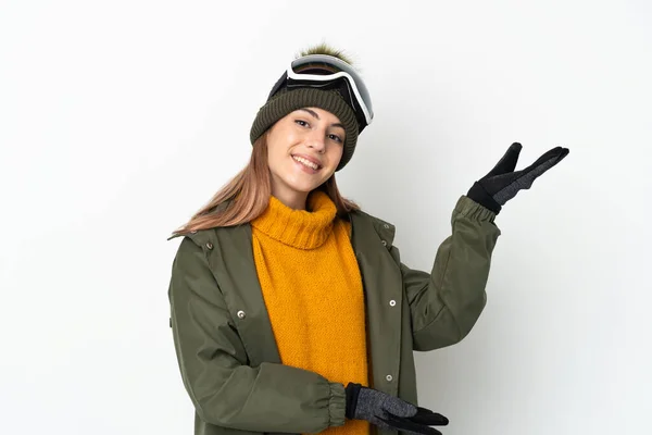 Skier Caucasian Woman Snowboarding Glasses Isolated White Background Extending Hands — Φωτογραφία Αρχείου