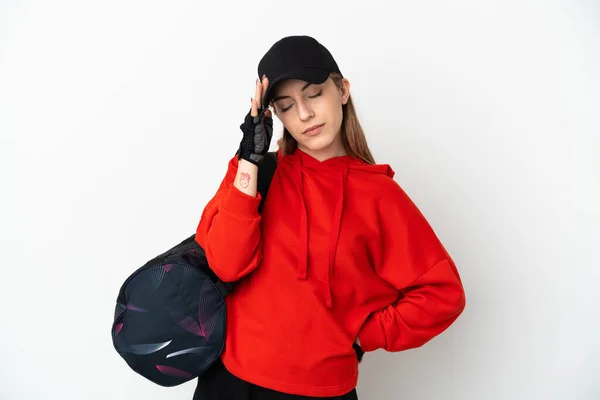 Mujer Deportiva Joven Con Bolsa Deporte Aislada Sobre Fondo Blanco —  Fotos de Stock