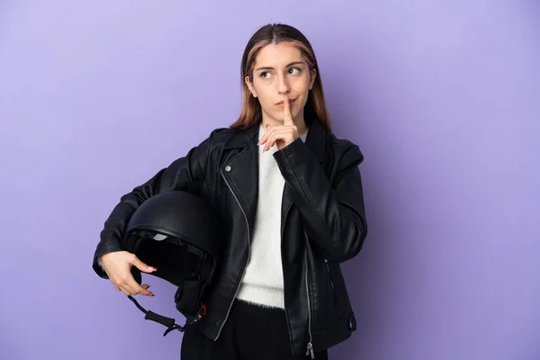 Young Caucasian Woman Holding Motorcycle Helmet Isolated Purple Background Having — ストック写真