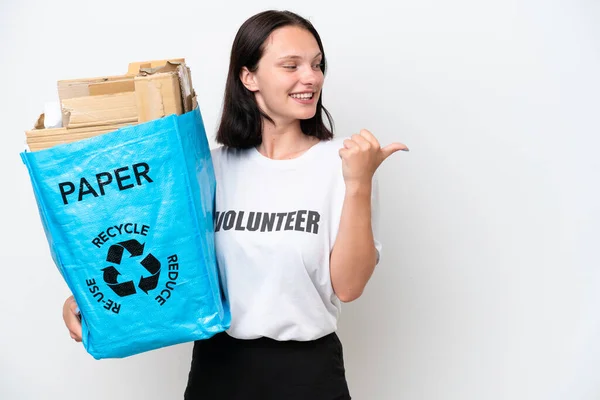 Young Caucasian Woman Holding Recycling Bag Full Paper Recycle Isolated — Stock Photo, Image