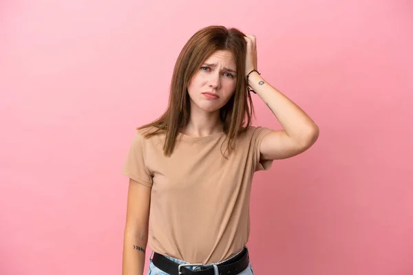 Giovane Donna Inglese Isolata Sfondo Rosa Con Espressione Frustrazione Non — Foto Stock