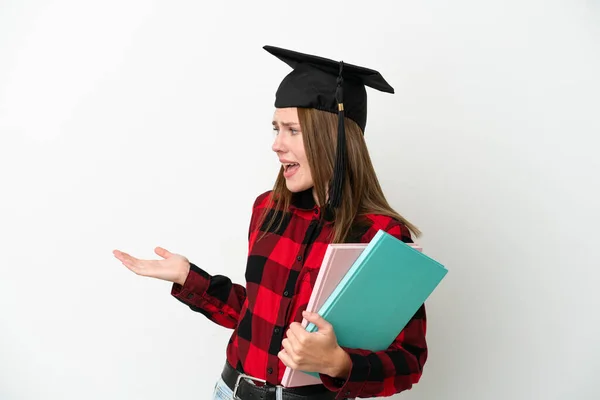 Mladá Anglická Studentka Izolované Bílém Pozadí Překvapivým Výrazem Při Pohledu — Stock fotografie