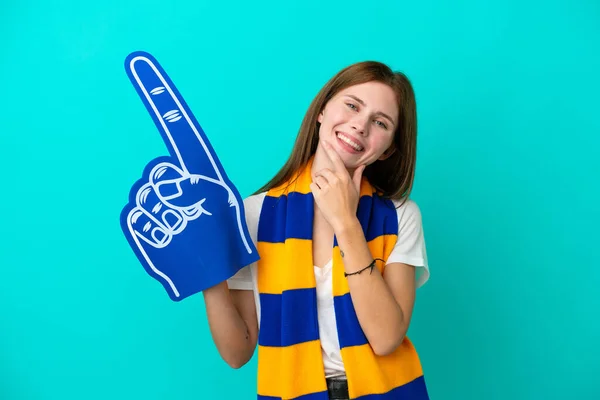 Joven Fan Los Deportes Mujer Aislada Sobre Fondo Azul Feliz — Foto de Stock